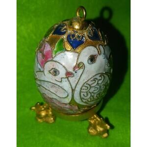 Cloisonne Egg Ornament Vtg Love Birds Enamel With Goldtone Stand